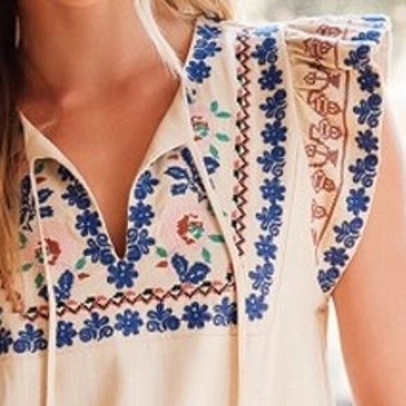 Boho Embroidered Ruffled Sleeve Tasseled Drawstring Top Linen Blend - Picture 3 of 6